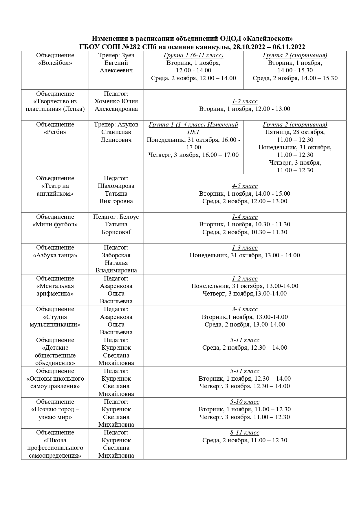 Изменения в расписании объединений ОДОД 2 page 0001